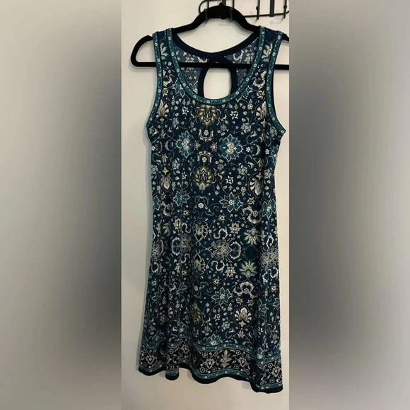 Max Studio Womens Navy  Teal Print Dress Keyhole Back Polyester/Spandex Sz Small - Picture 1 of 5
